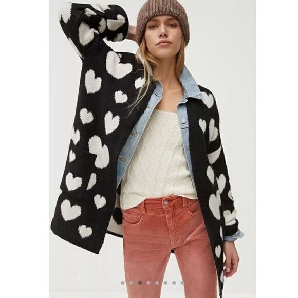 NEW Anthropologie Maeve Halley Hearts Cardigan Sweater Black & White XS/S - Picture 1 of 5